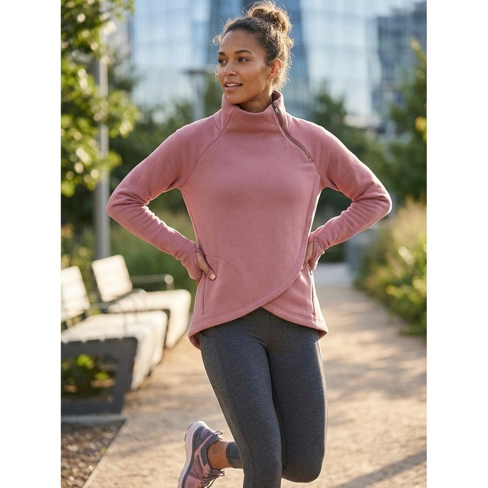 Athleta Coaster Luxe Asymmetric Zip Sweatshirt Pink Tulip Hem Fleece Medium